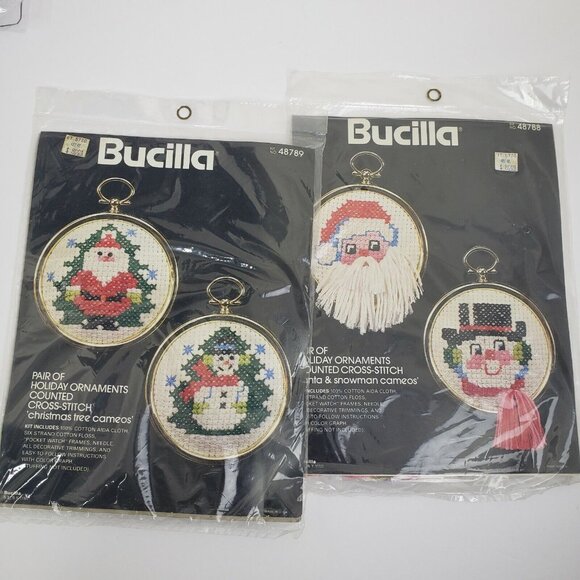 2 Bucilla Counted Cross Stitch Ornaments Kits Vintage 48788 48789 Santa Snowman - Picture 1 of 12